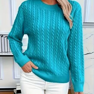 NEW Women's Teal Cable Knit Crewneck Sweater - Lightweight Pullover